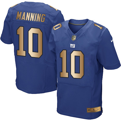 Nike Giants #10 Eli Manning Royal Blue Team Color Men's Stitched NFL Elite Gold Jersey - Click Image to Close
